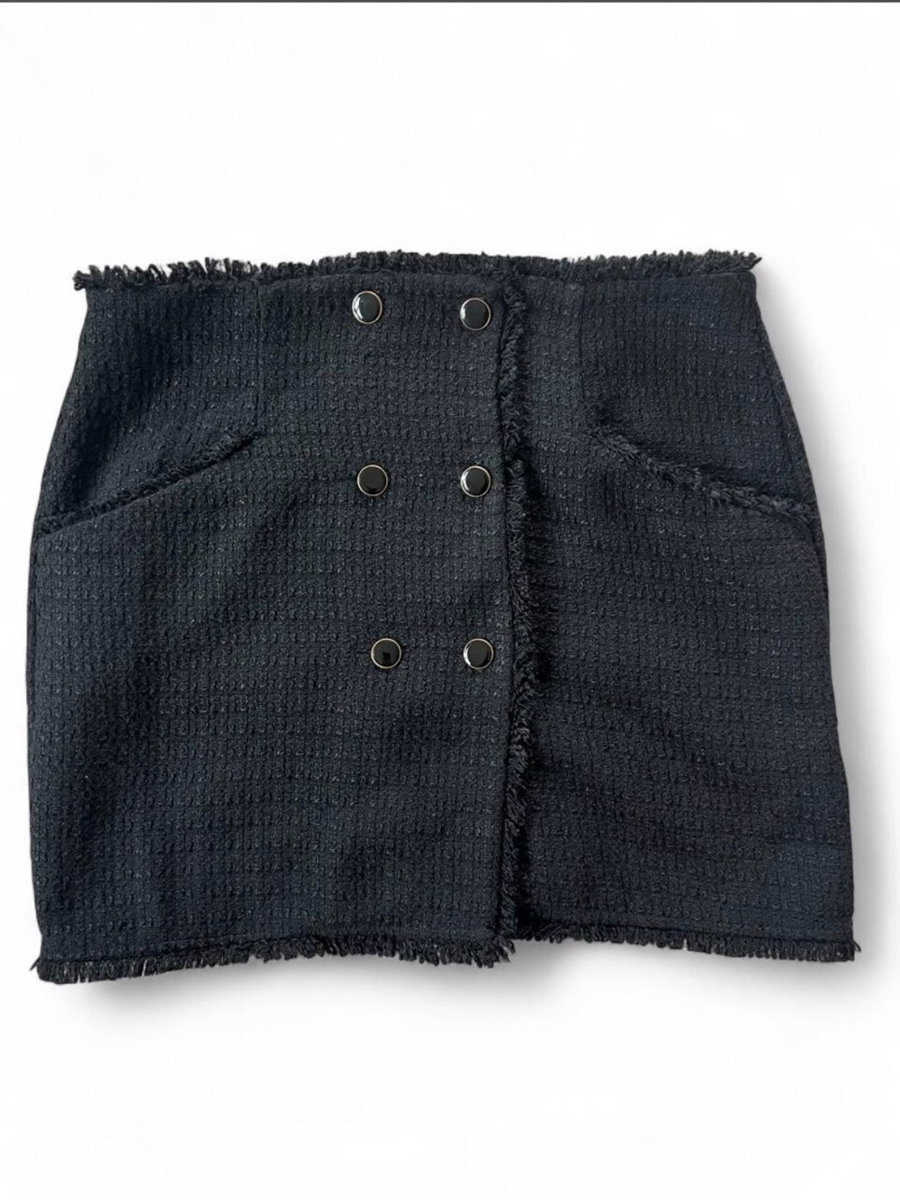 Maeve by Anthropologie Black Tweed Raw Edge Double Breasted Mini Skirt Size 14